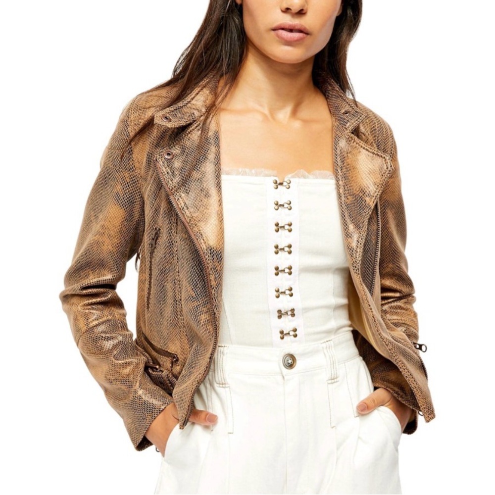 Free People Fenix Snake Print Faux Leather Moto Jacket